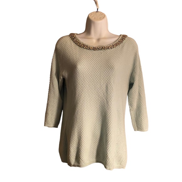 Hinge Nordstrom jeweled neckline waffled 3/4 sleeved split back knit sweater XS - Picture 4 of 11